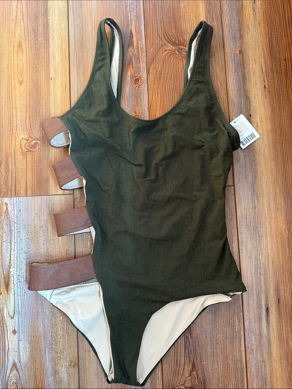 Olive Green One-Piece Bodysuit with Brown Strap Accents